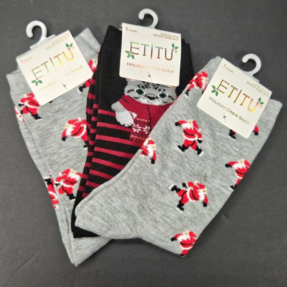 Etitu‎ Holiday Crew Socks 3 Pair Lot Santa Cat Striped Size 9-11 Christmas